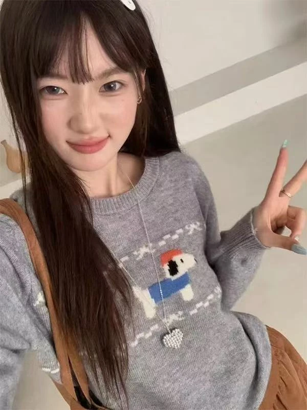 A478-韩系卡通提花圆领长袖女秋季设计感奶fufu宽松软糯上衣