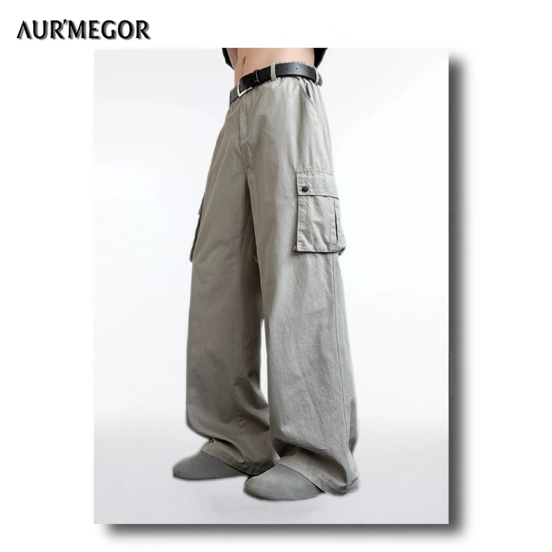 AURMEGOR夏季水洗100棉工装裤男士直筒百搭宽松多口袋潮流休闲裤