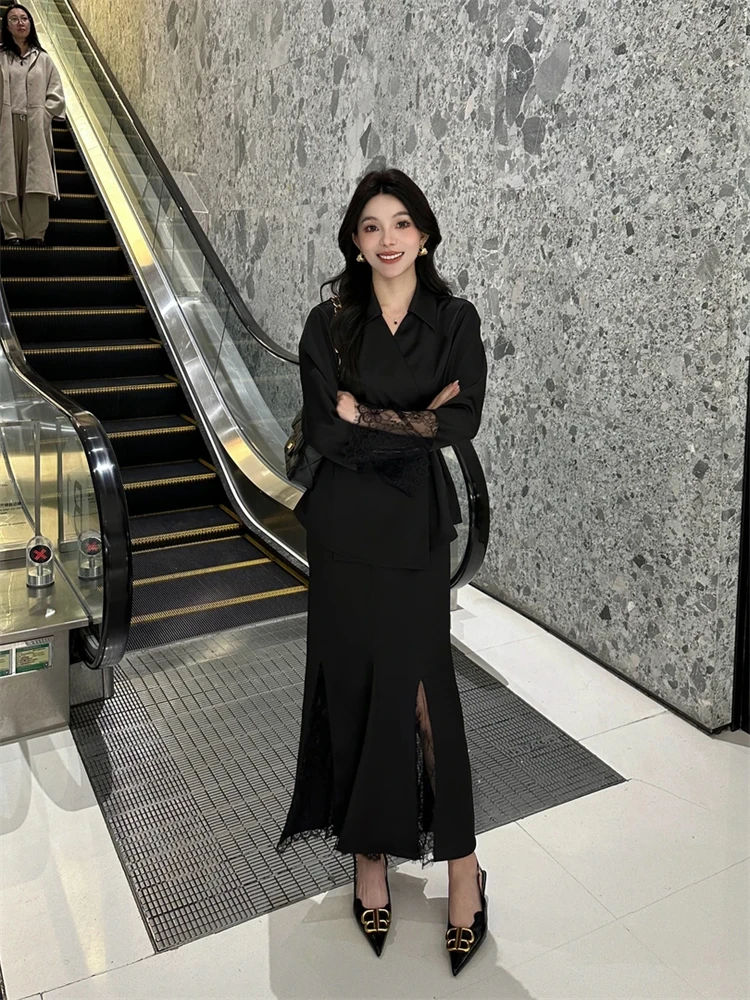 高级气质套装春季新款时尚2025西装外套上衣蕾丝拼接半身裙两件套
