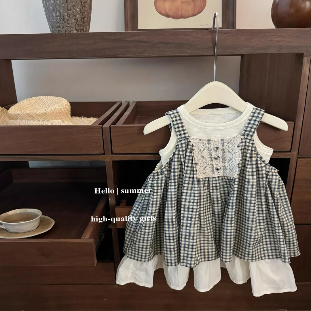 女童童装女宝宝森系蕾丝宽松洋气时髦裙子高端拼色格子背心裙潮范