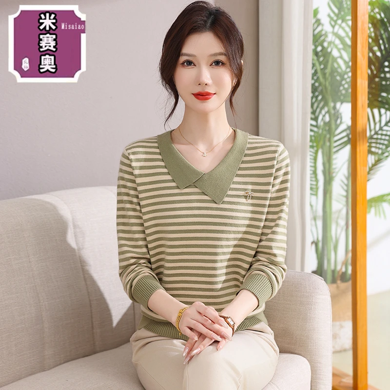 2025新款妈妈秋装长袖毛衣宽松大码女装中老年休闲条纹针织打底衫