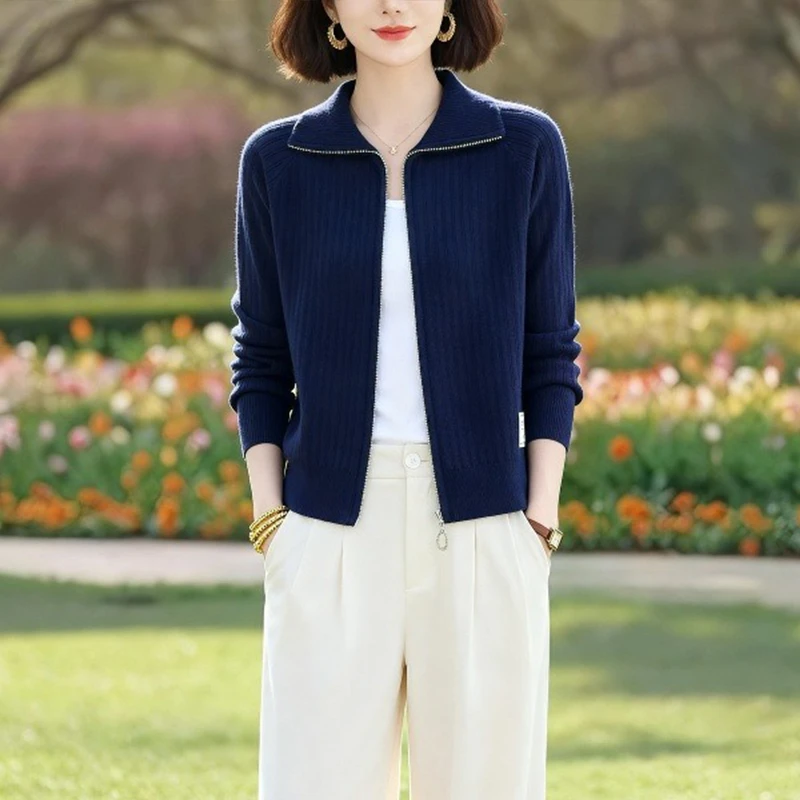 翻领长袖上衣针织衫女2025新款妈妈秋装洋气polo宽松毛衣打底小衫