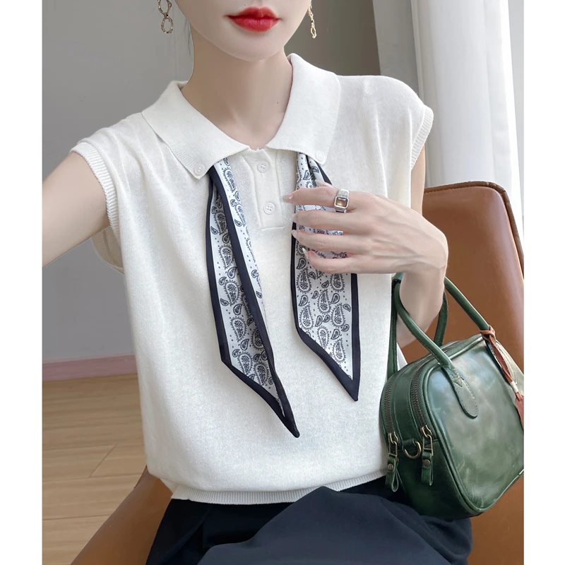 夏季爆款POLO领短款针织衫气质轻奢丝巾翻领短袖时尚百搭宽松短袖