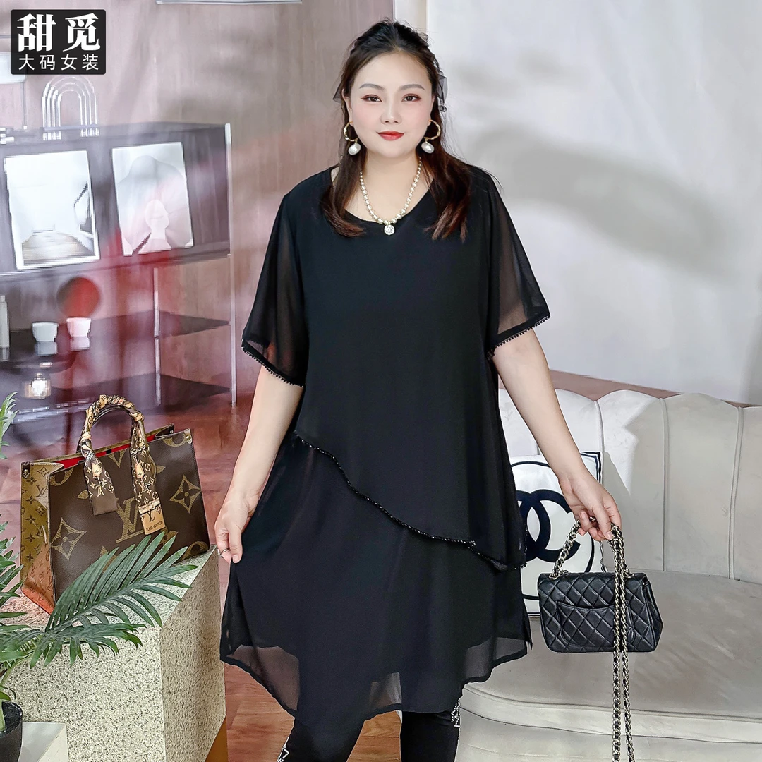甜觅特大码女装2025夏装胖mm300斤精致宽松显瘦大A版长款雪纺衫