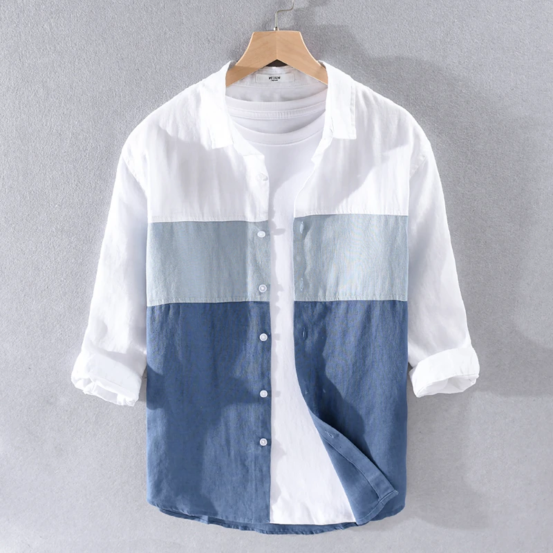 亚麻七分袖衬衫男款夏季休闲修身男士衬衣