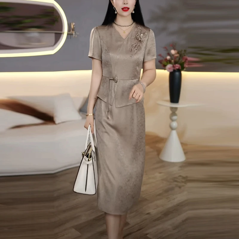 提花缎轻奢女装2025夏季新款时尚高档贵气名媛气质假两件连衣裙子