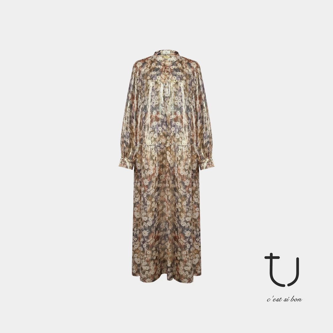 TU女装 满庭芳 立领桑蚕丝长袖衬衫连衣裙2025春季新款真丝长裙子