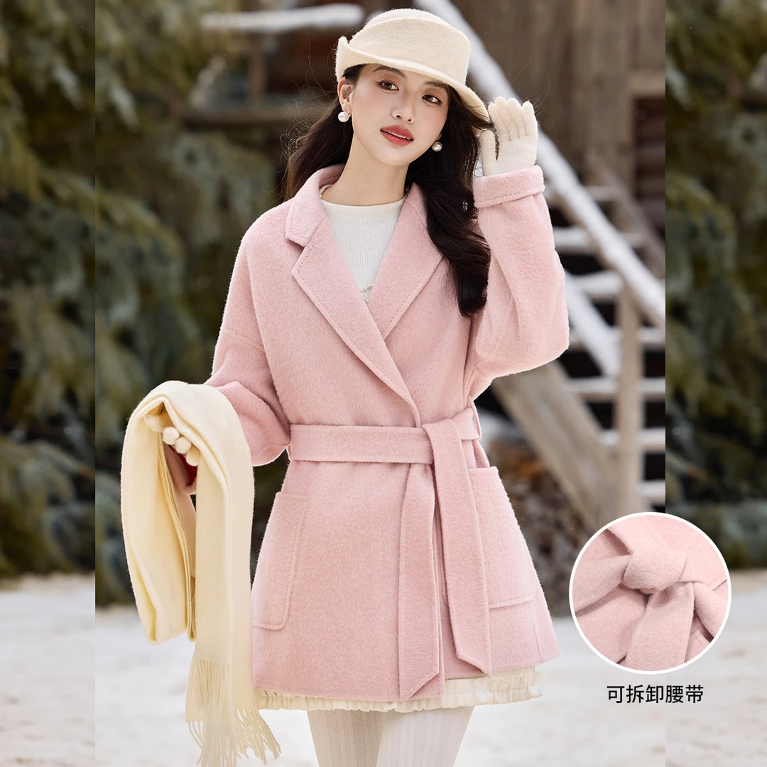 白鹿语【传世·暖章】25年秋冬纯色羊毛混纺中长款双面呢大衣BX20086