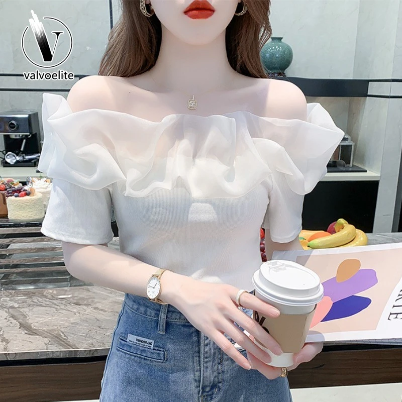 VALVOELITE短袖女新款夏季高级感t恤设计感设计白色露肩收腰T恤