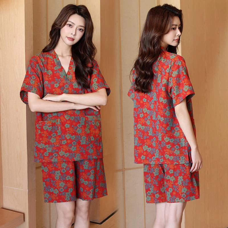 W汗蒸服女款带胸垫纯棉情侣款加厚大码洗浴中心浴衣桑拿服家居睡