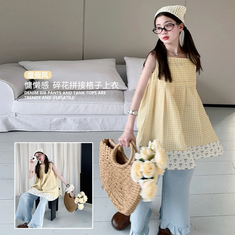 2025新款夏季女童裙子度假风碎花拼接格子连衣裙百搭款洋气高级感