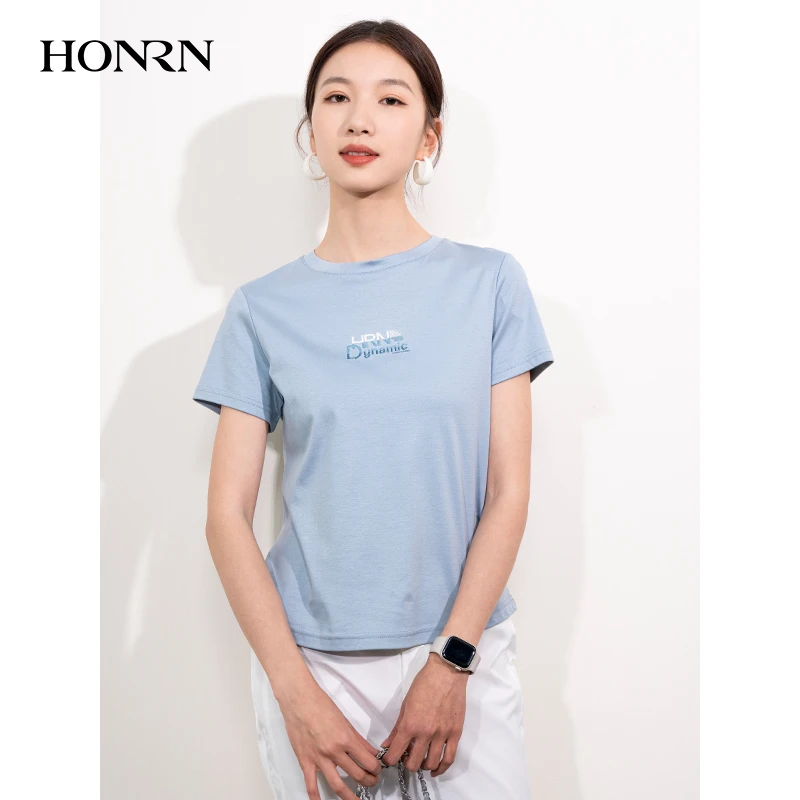 HONRN/红人32支精梳棉针织短袖圆领压胶装饰t恤上衣夏季HI22SY596