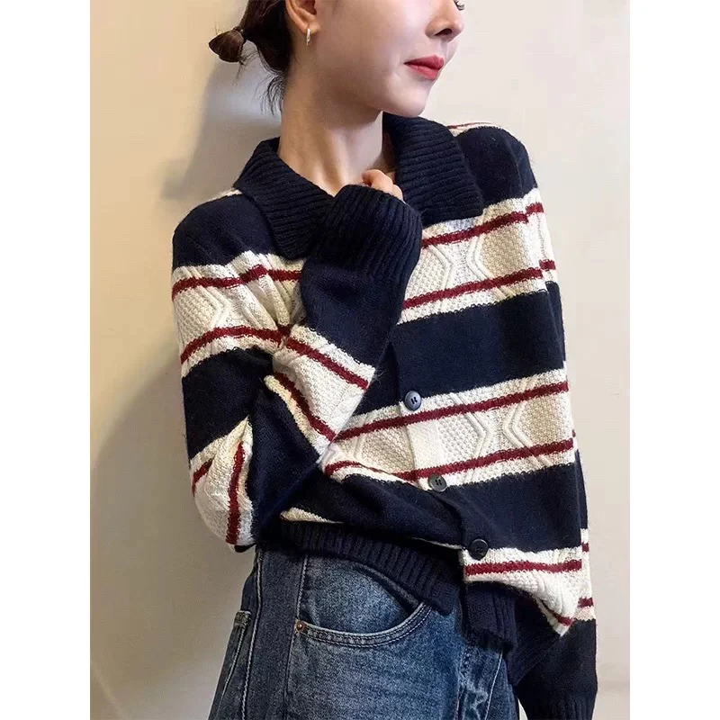 撞色条纹翻领针织开衫女欧洲站2025冬装新款欧货女装短外套潮