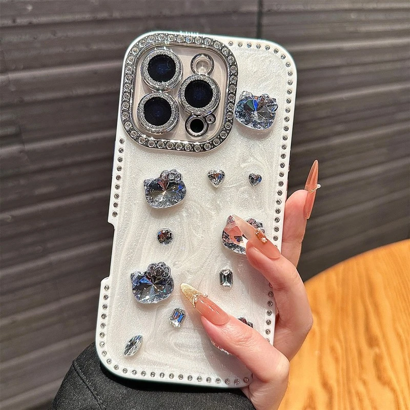 全包闪钻边奶油猫咪适用iPhone16promax手机壳15pro时尚14可爱13