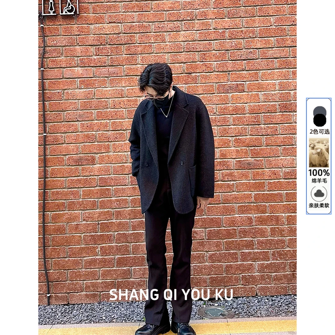 男士100%纯羊毛双面毛呢休闲西装宽松保暖潮流大衣短风衣外套男款
