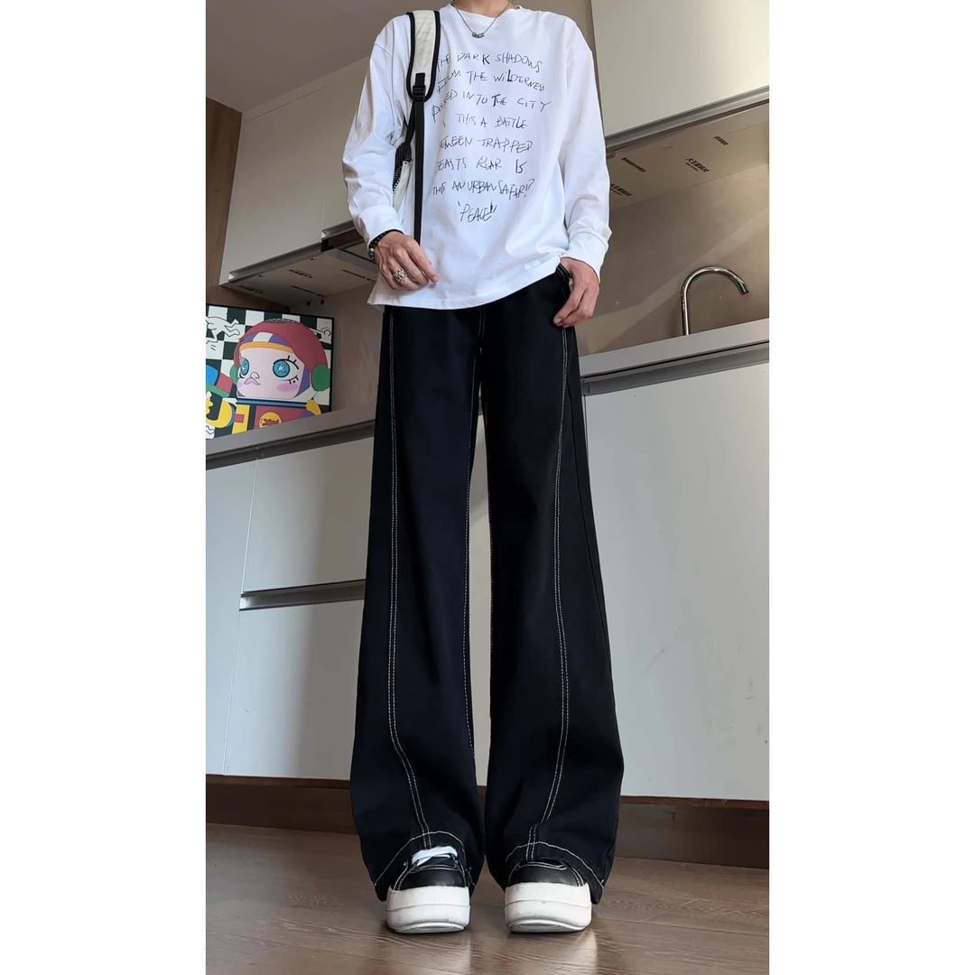 设计感辑明线轮廓设计黑色牛仔裤男美式高街弯刀微喇阔腿裤