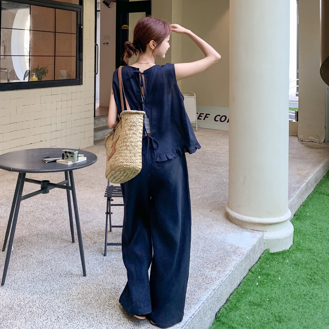 深蓝色休闲时尚套装女夏季2025新款韩版背心上衣阔韩范气质春夏装