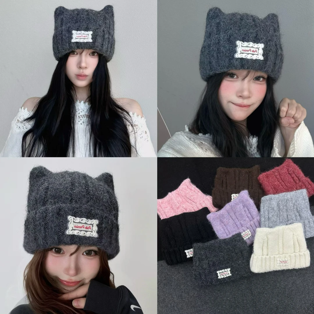 时尚百搭猫耳秋冬冬季刺绣无檐包头针织帽子ins
