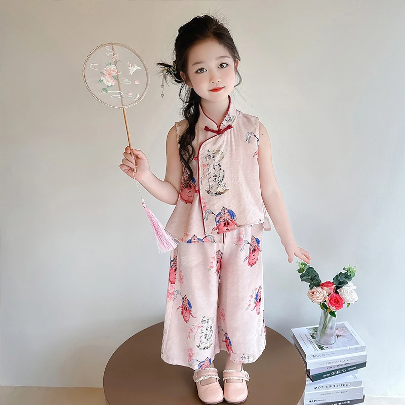 女童套装夏季2025新款儿童中国风薄款洋气宝宝休闲无袖夏装两件套