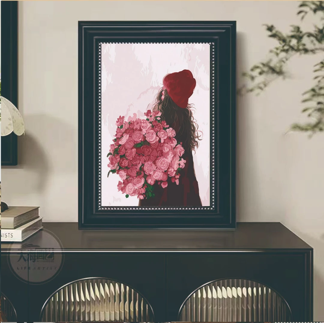 FL28抱花女孩斗柜客厅卧室现代装饰画4060-黑欧