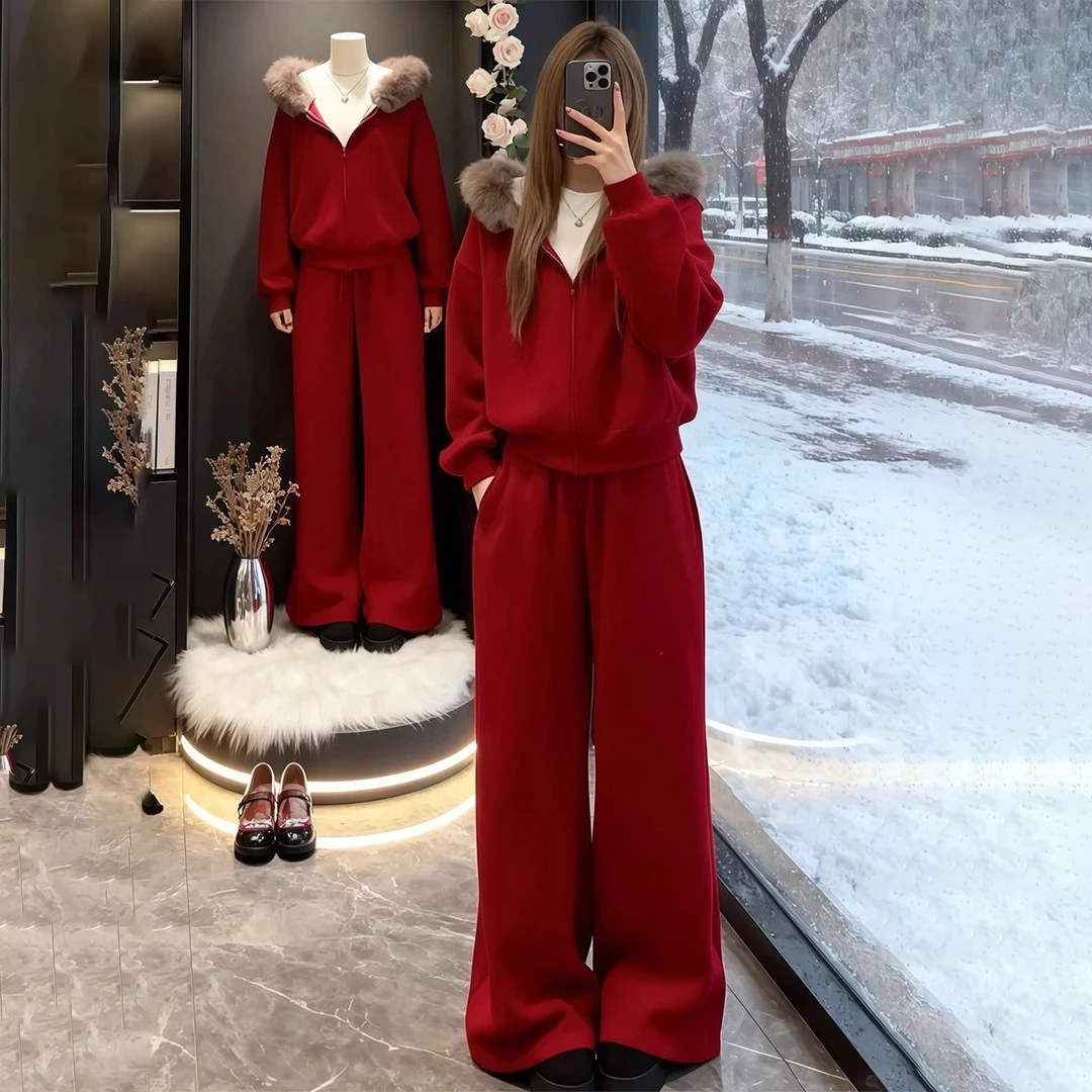 雅鹿巨好看的慵懒红色休闲运动套装女2025秋冬加绒加厚卫衣两件套