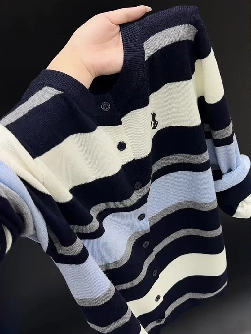 韩版时尚休闲气质高级拼接上衣女2025早秋撞色条纹宽松长袖针织衫