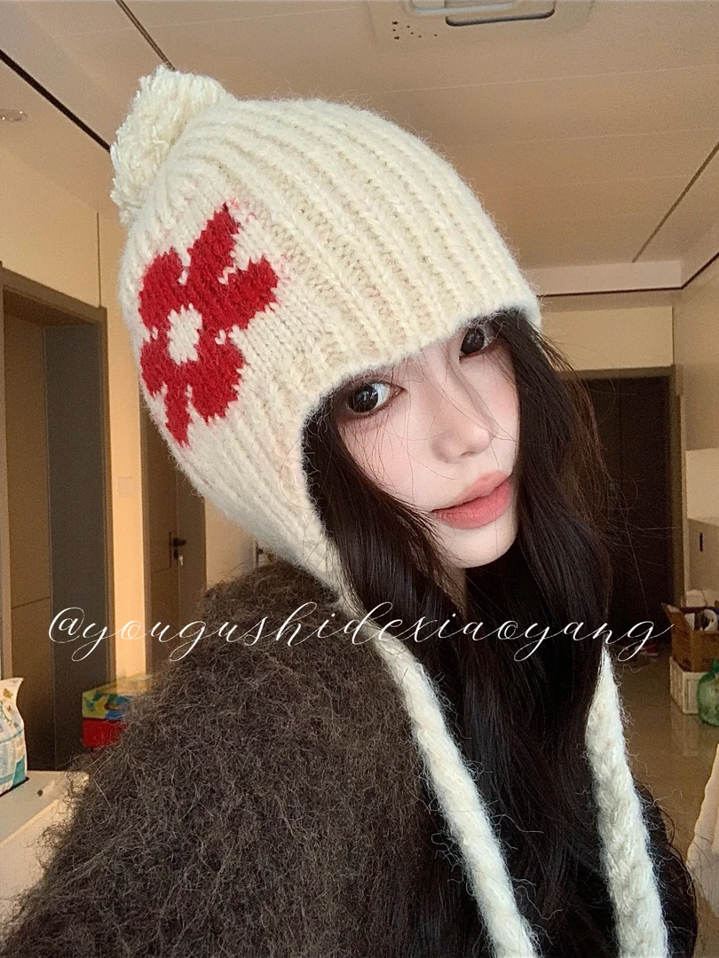 韩系氛围感提花针织帽子女秋冬护耳帽子毛线复古显脸小保暖帽子