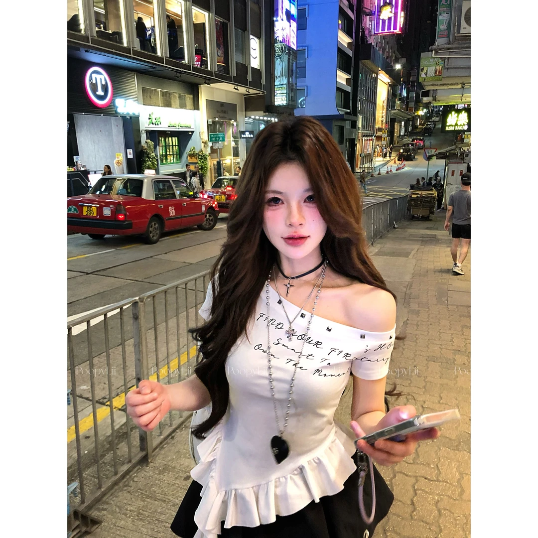 柏拉图之恋 斜肩飘带短袖女夏t恤收腰显瘦短上衣1376