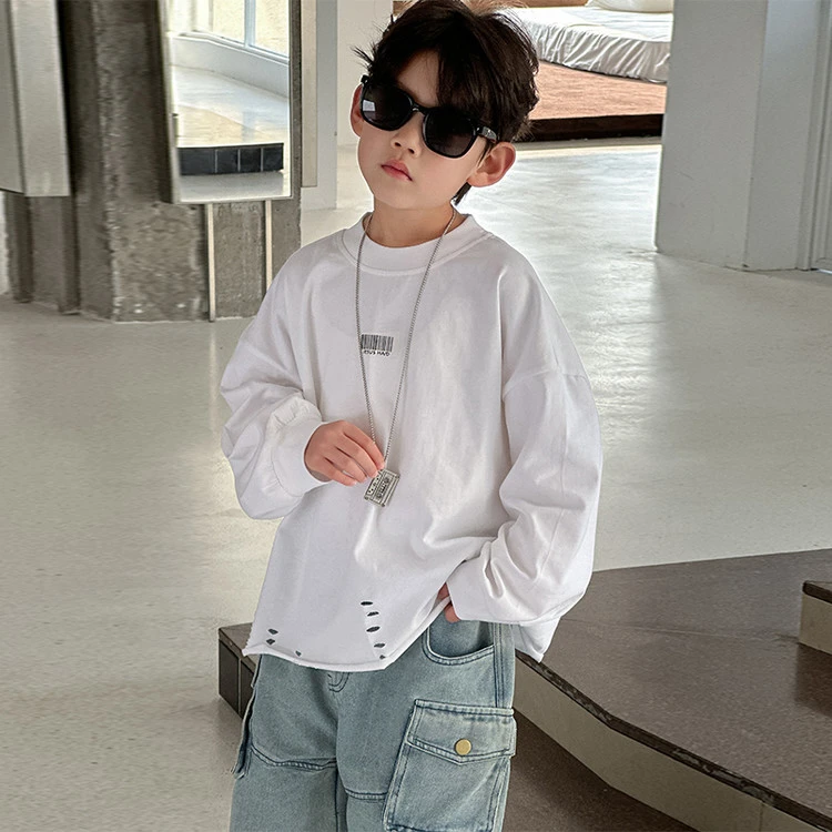 HY2571儿童洋气长袖2025春季新款男童韩版破洞上衣中小童T恤潮