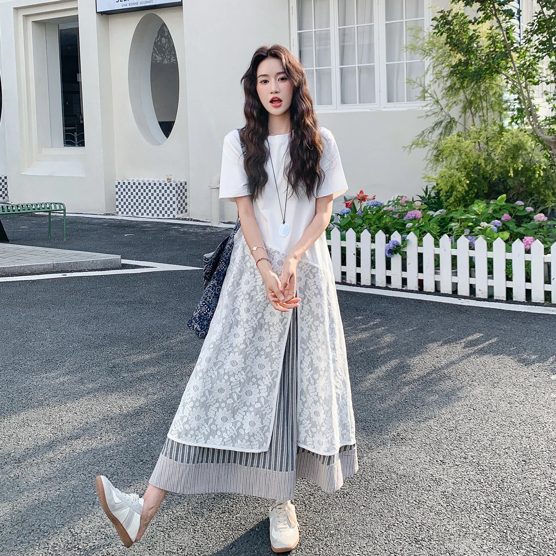 阔色白色镂空刺绣拼接蕾丝开叉上衣女2025夏季新款不规则长款T裙