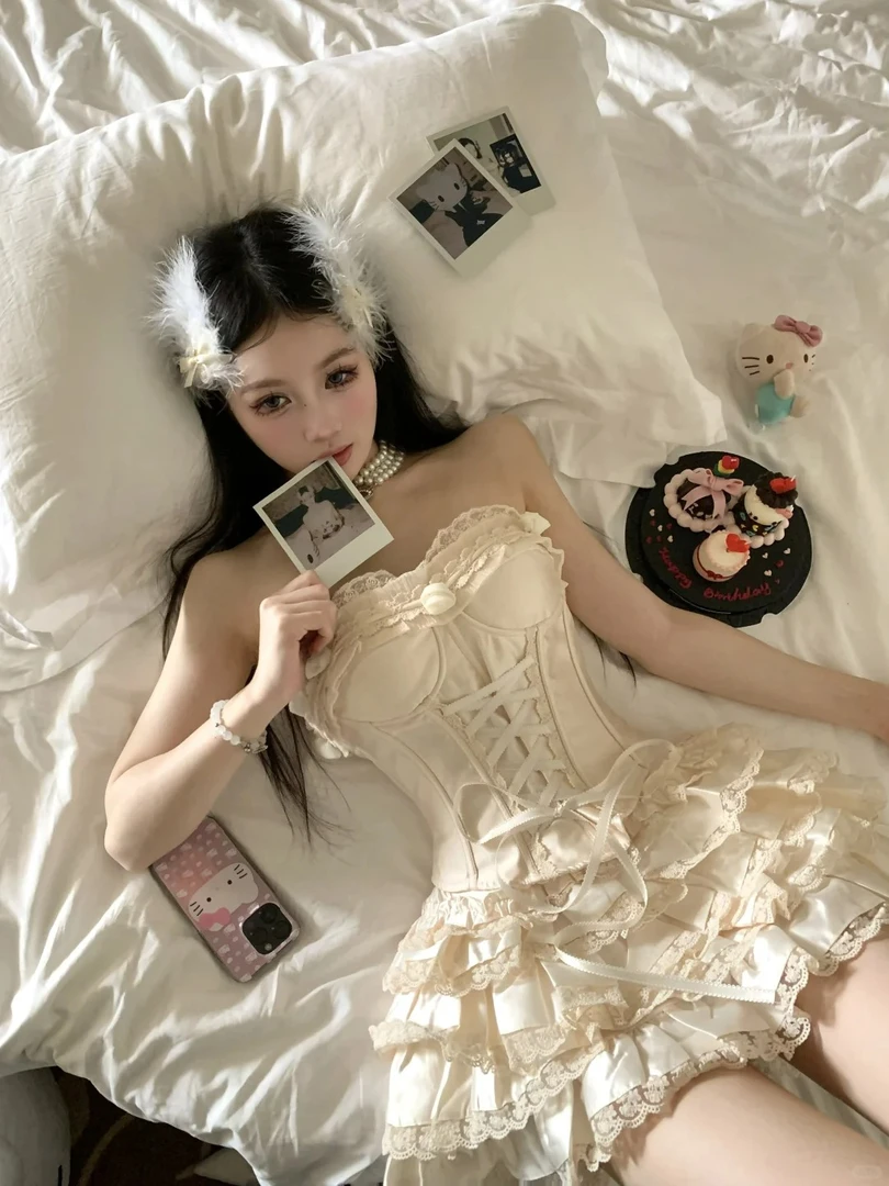 法式甜辣高级感精致性感风蕾丝绑带收腰修身吊带高腰蓬蓬短裙套装