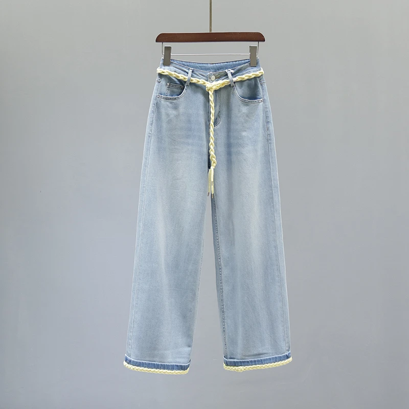 浅蓝色高腰直筒牛仔裤女春夏2025新款翻边窄版休闲九分阔腿山本裤
