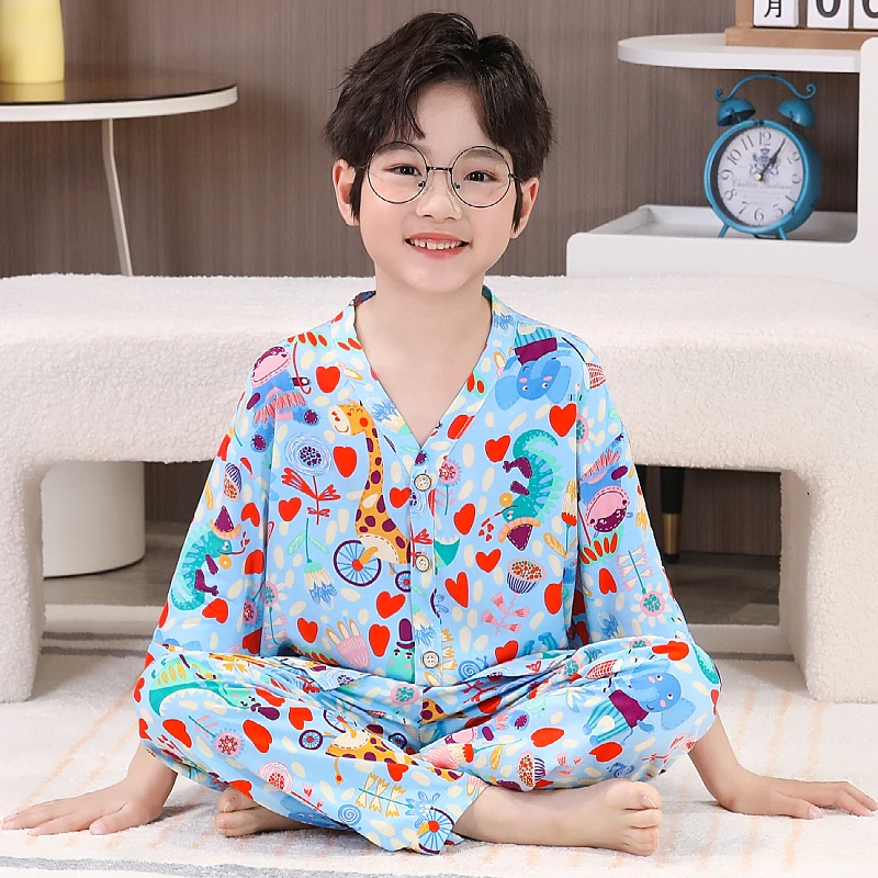 儿童夏季棉绸薄款睡衣女孩男孩宝宝3-16岁卡通甜美卡通家居服套装