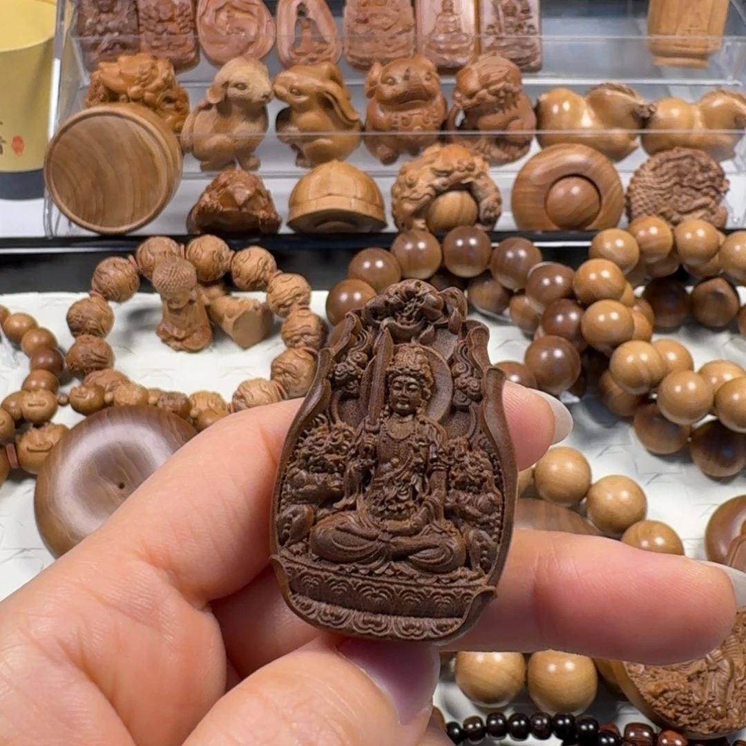 归***霁檀香木横纹黑肉文殊牌