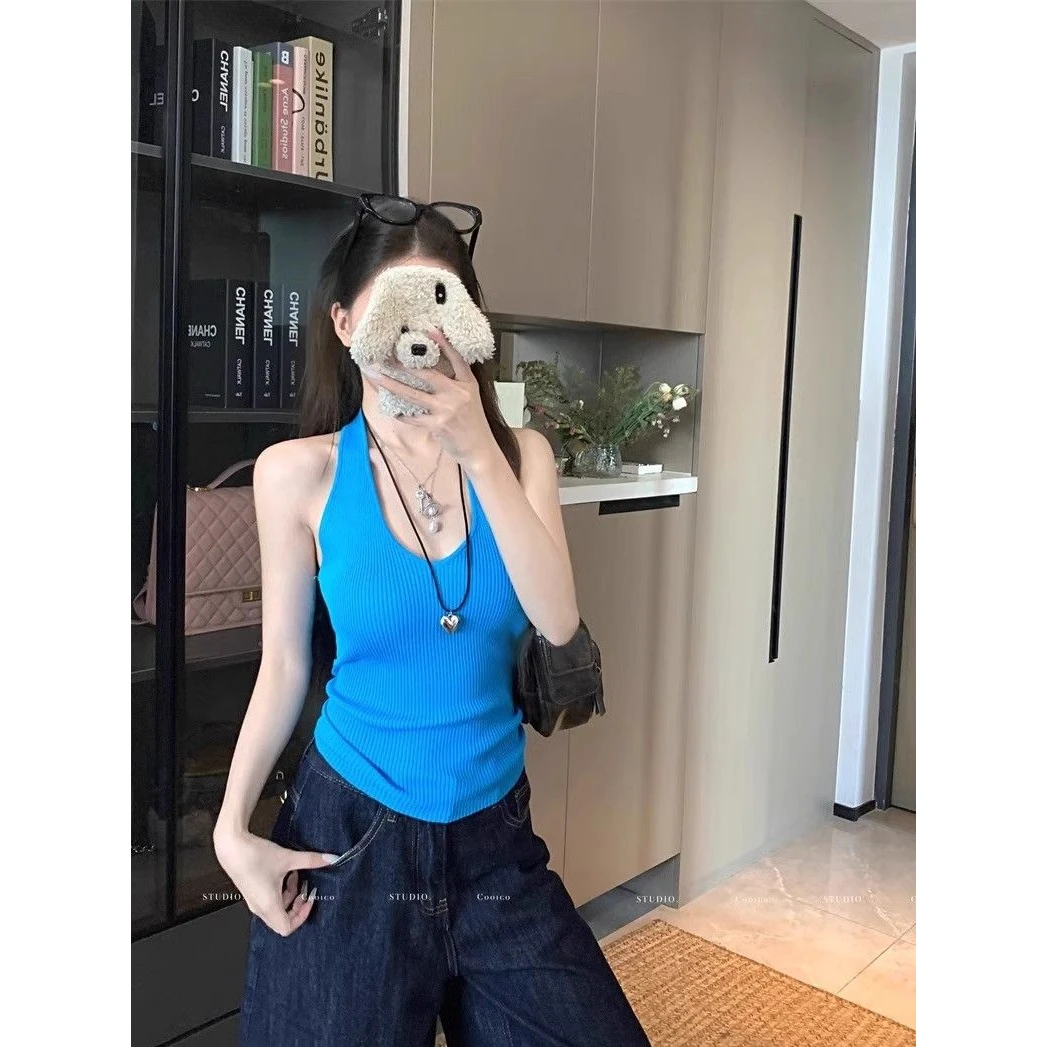 kumikumi辣妹风纯色针织挂脖吊带背心女2025新款夏季复古别致美背