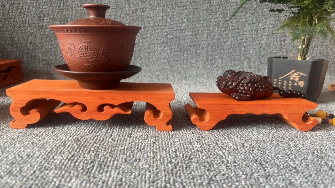 红花梨中式雕刻大红邵氏紫檀镂空灵叶二合一底座摆件福字工艺品