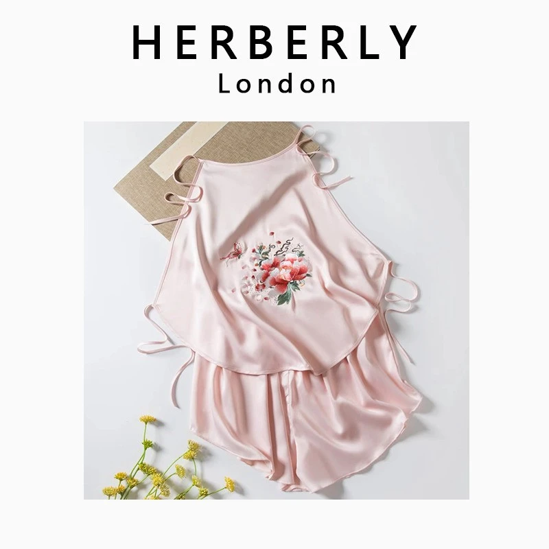 英国HERBERLY性感女内衣喜庆刺绣花丝绸古风吊带睡衣女款两件套
