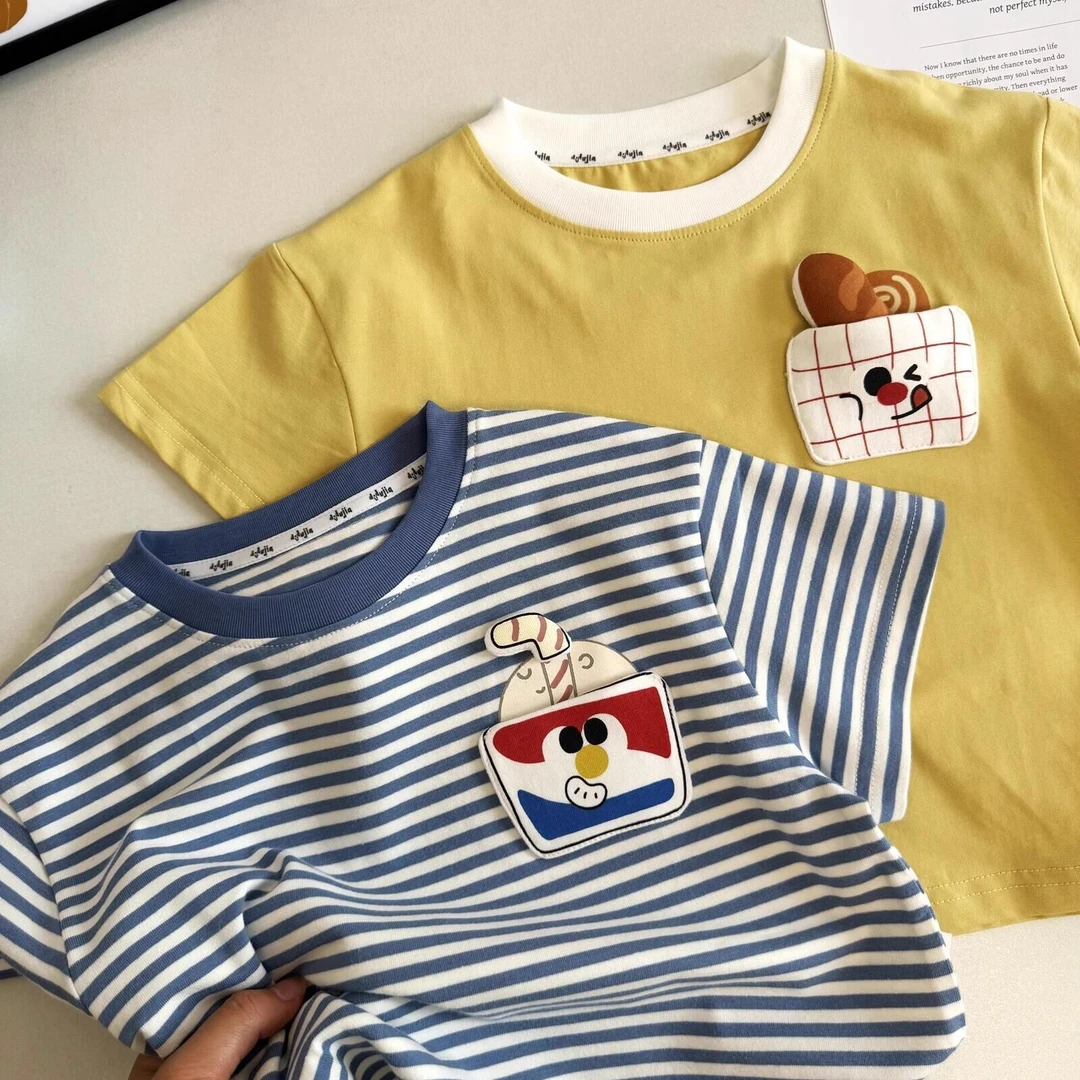 咸柠七夏季2025卡通儿童短袖T恤夏季男童棉质条纹上衣宝宝半袖T恤