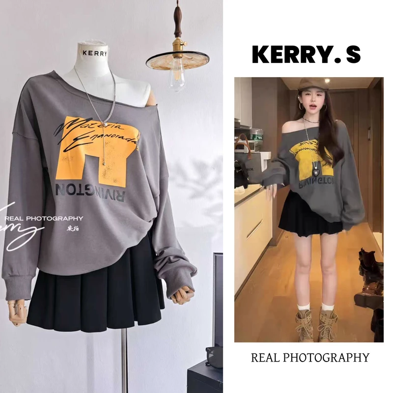 德令哈女孩2025新款美式复古字母印花卫衣时尚显瘦百褶裙两件套