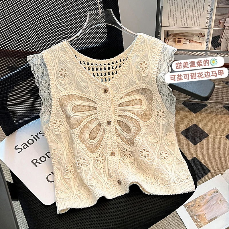 法式镂空针织吊带背心女2025新款夏季别致漂亮洋气减龄飞飞袖上衣