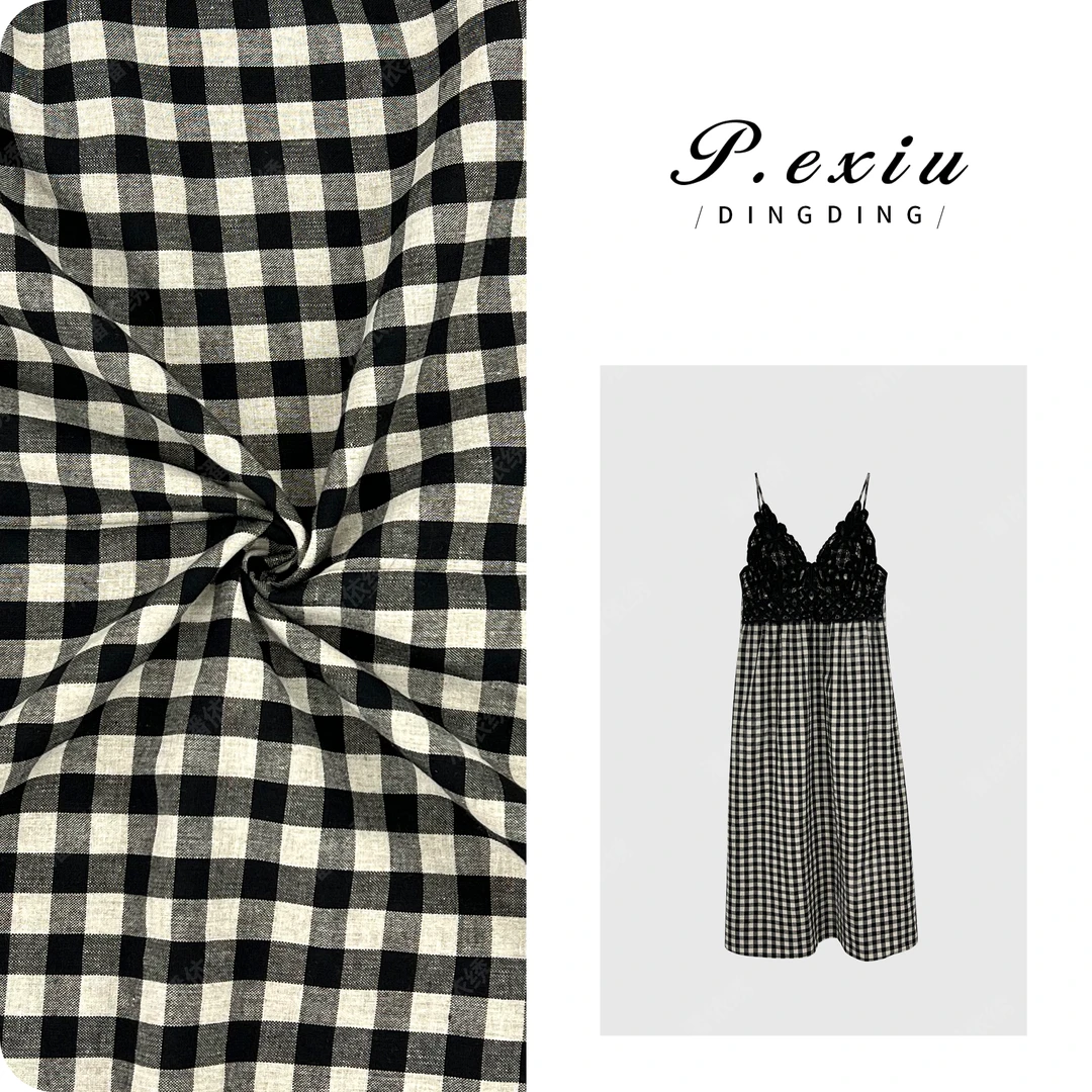 PanYiXiu/潘依绣亚麻法式镂空勾花拼接格纹吊带连衣裙 W-62701