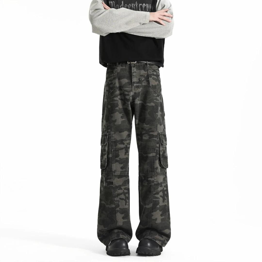 美式迷彩牛仔裤男款秋季多口袋工装裤cleanfit裤子高街vibe直筒裤