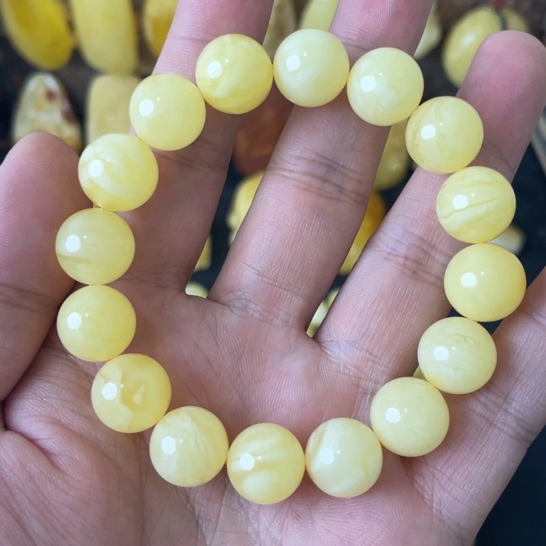 琥珀未镶嵌手串12+俄料黄白花圆珠手串