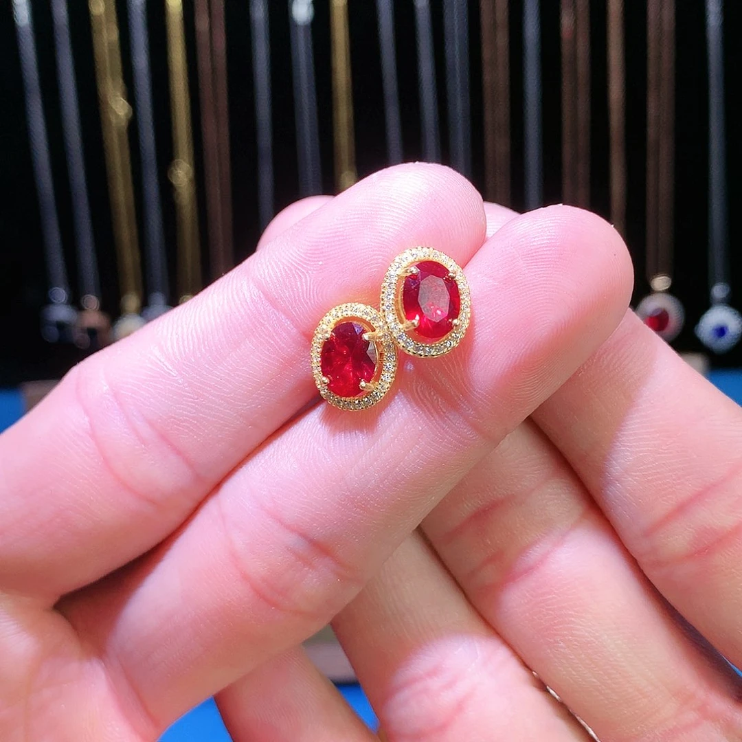 红宝石耳饰银S925镶嵌