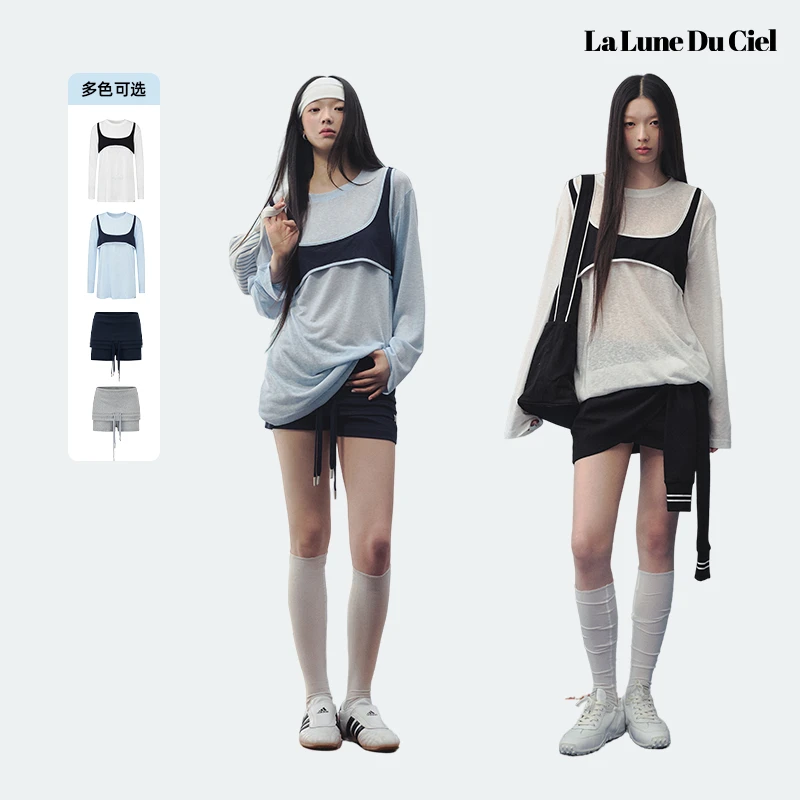 【美娇粉丝专属】LLDC 长袖T恤+运动抽绳修身翻边腰头休闲短裤女