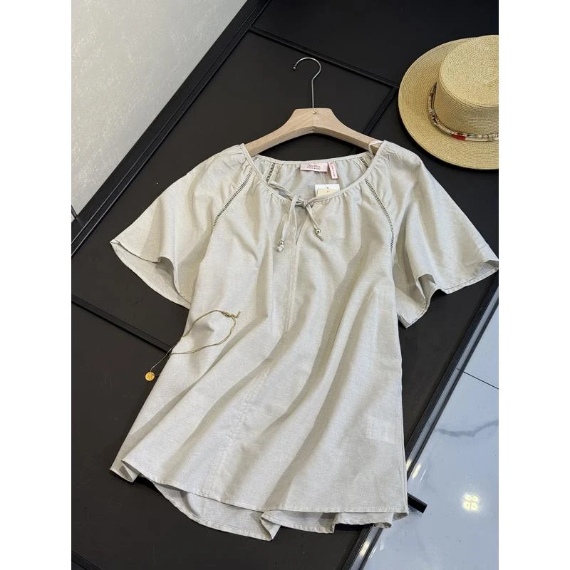 55亚麻原麻色版型巨显瘦圆领百搭短袖小衫T恤女24470