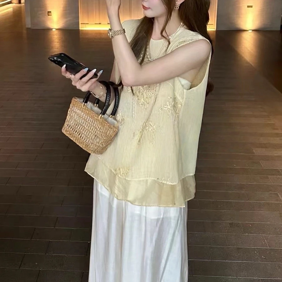 新中式假两件提花拼接无袖背心夏季新款时尚百搭上衣潮