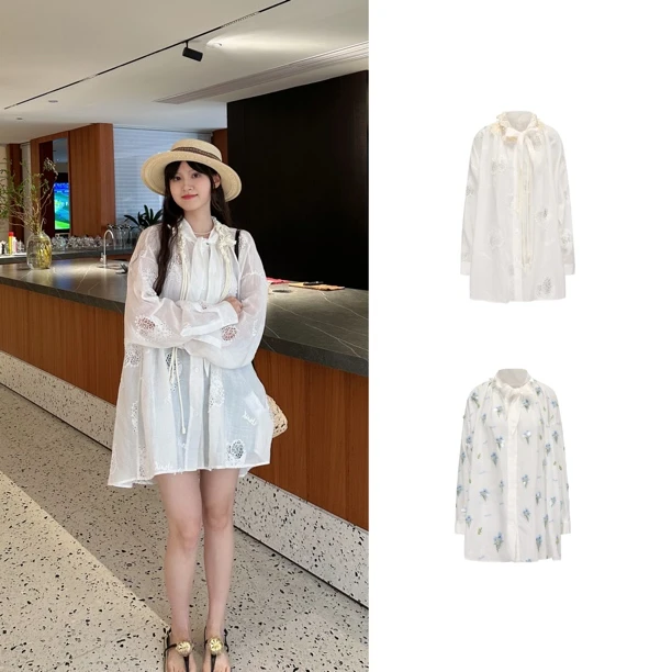 XIAOLI筱李 25春夏新品白色柠檬刺绣镂空绣花飘带衬衫上衣