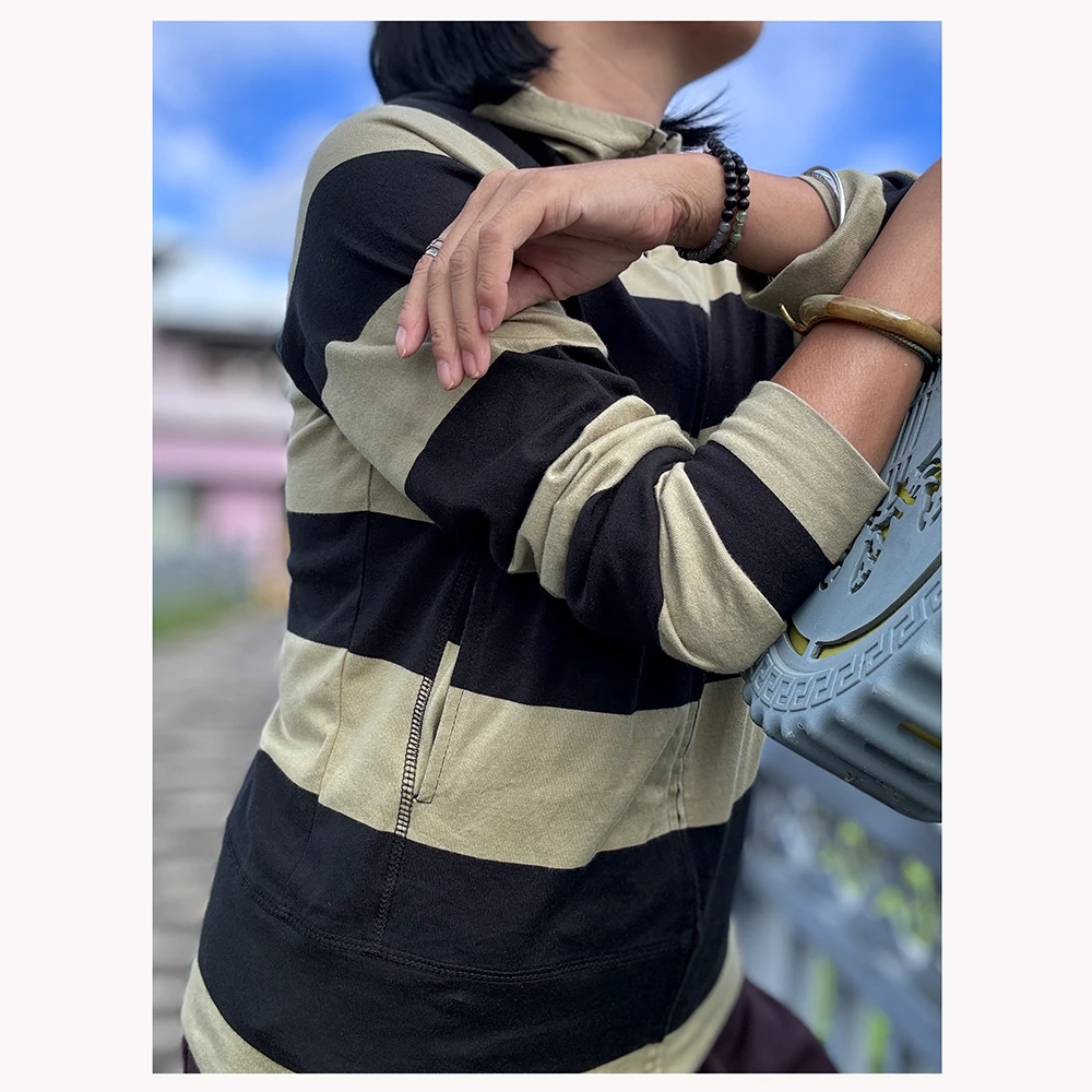 ZR008春秋新款女士宽松连帽条纹拉链开衫外套