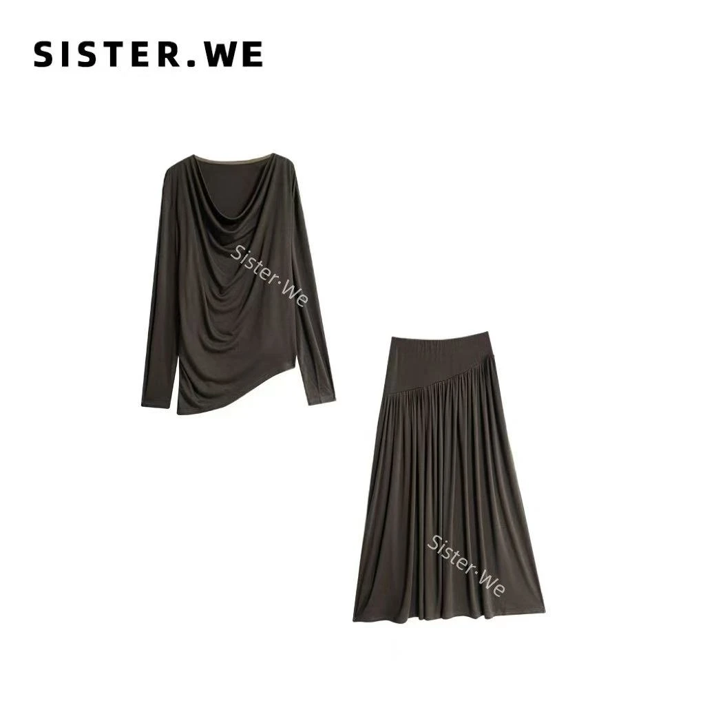 薇姐【伶俐】Sister·We经典荡领设计风亲肤长袖+半裙套装  6593